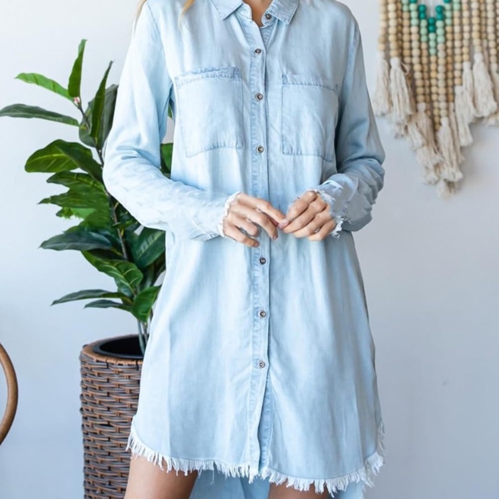 🖤 💛Light Blue Denim Shirt Dress - Casual Button-Down K - Picture 3 of 5